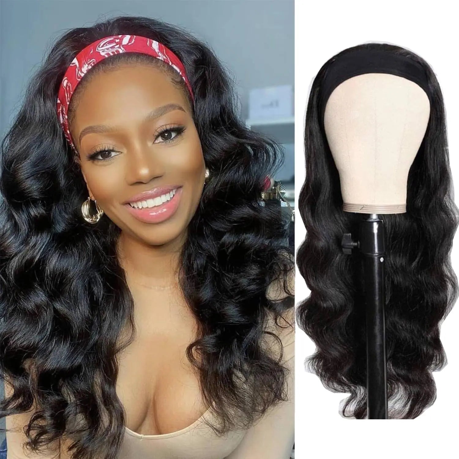 Body Wave Human Hair Headband Wig 26" | Glueless Brazilian 150% Density for Black Women Korrify