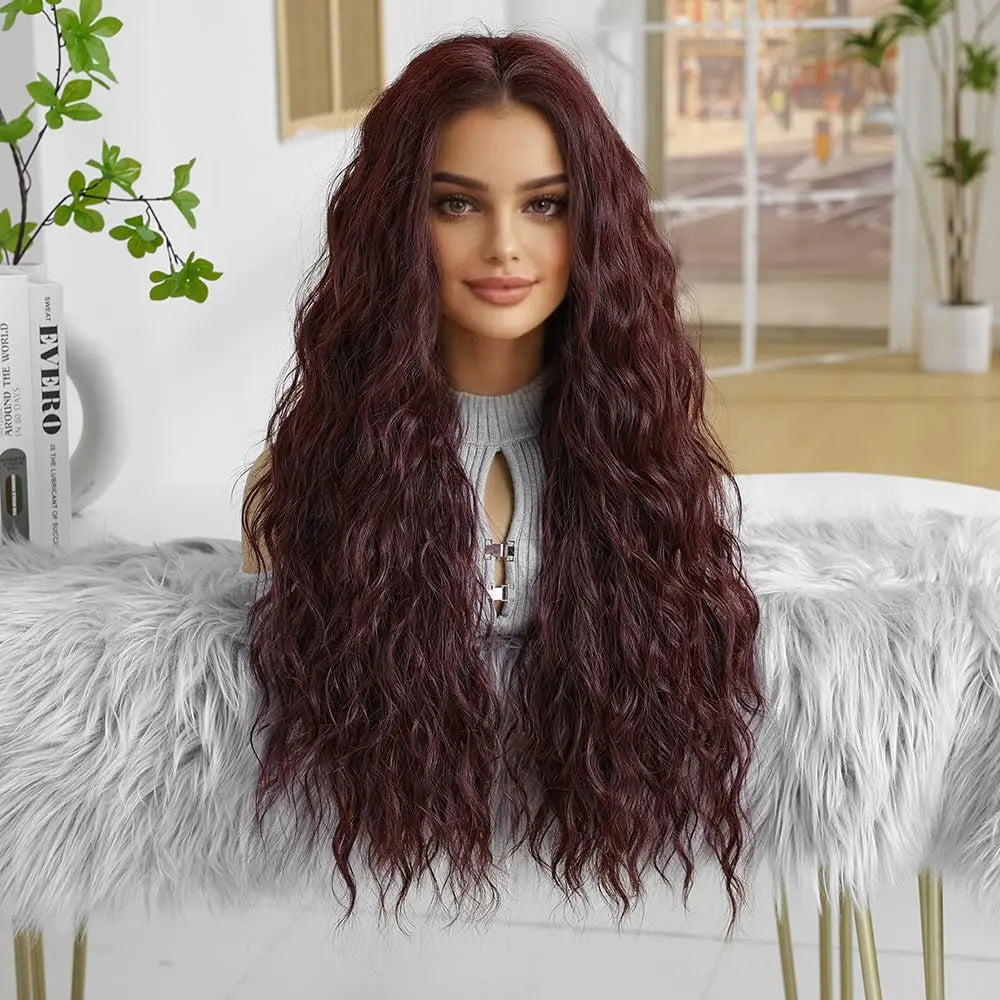 Burgundy Water Wave Wig 26" | Glueless Wear & Go Synthetic Colored for Black Women Korrify