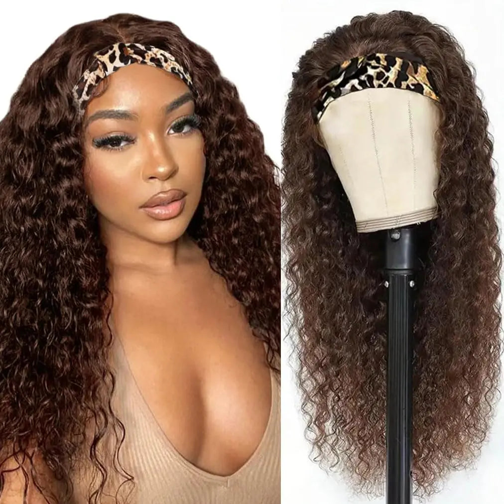 Chocolate Brown Deep Wave Human Hair Wig 28" | Glueless Headband Wear & Go for Black Women Korrify